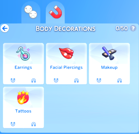 Body Decorations category. The options are Earrings, Facial Piercings, Makeup and Tattoos