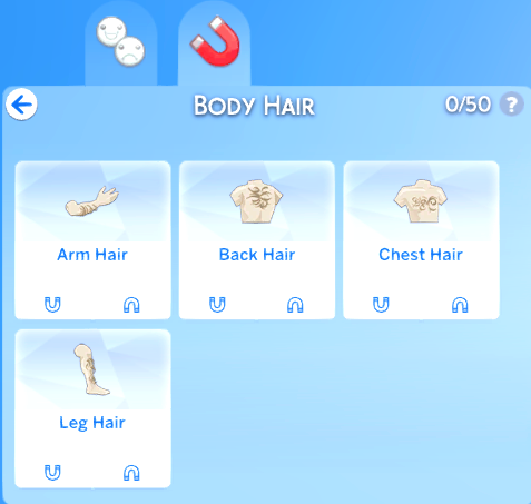 Body Hair category. The options are Arm Hair, Back Hair, Chest Hair and Leg Hair.