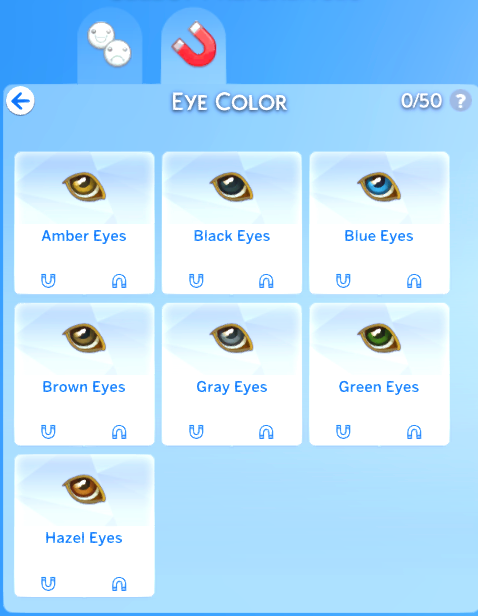Eye Colour category. The options are Amber Eyes, Black Eyes, Blue Eyes, Brown Eyes, Grey Eyes, Green Eyes and Hazel Eyes.