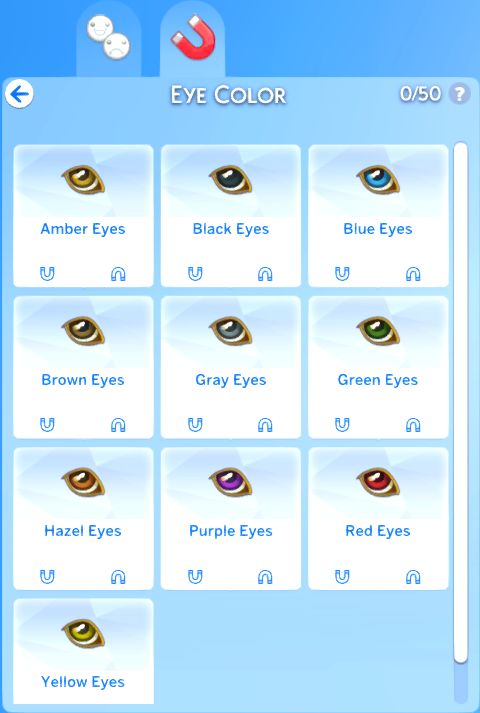 Eye Colour category from the Unnatural Eyes Package. The options are Amber Eyes, Black Eyes, Blue Eyes, Brown Eyes, Grey Eyes, Green Eyes, Hazel Eyes, Purple Eyes, Red Eyes and Yellow Eyes.