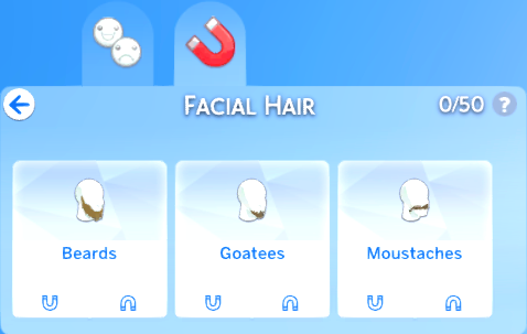 Facial Hair category. The options are Beards, Goatees and Moustaches.