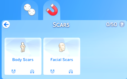 Scars category. The options are Body Scars and Facials Scars.