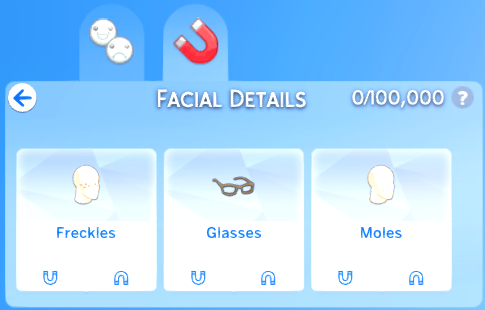 Facial Details category. The options are Freckles, Glasses and Moles