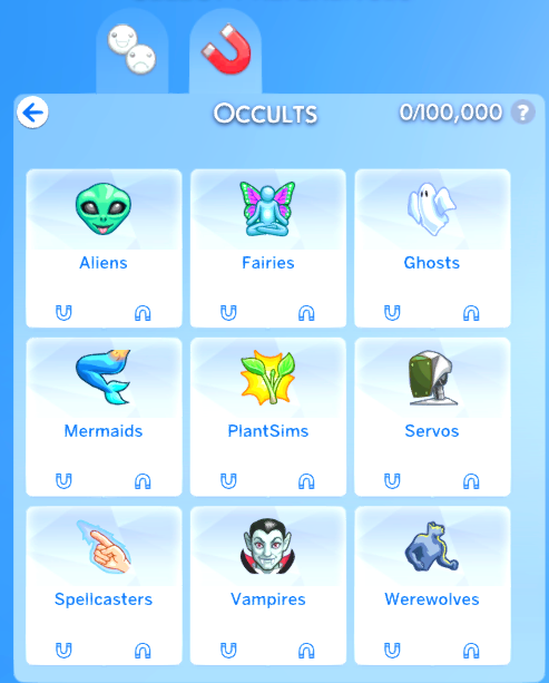 Occults category. The options are Aliens, Fairies, Ghosts, Mermaids, PlantSims, Servos, Spellcasters, Vampires and Werewolves.