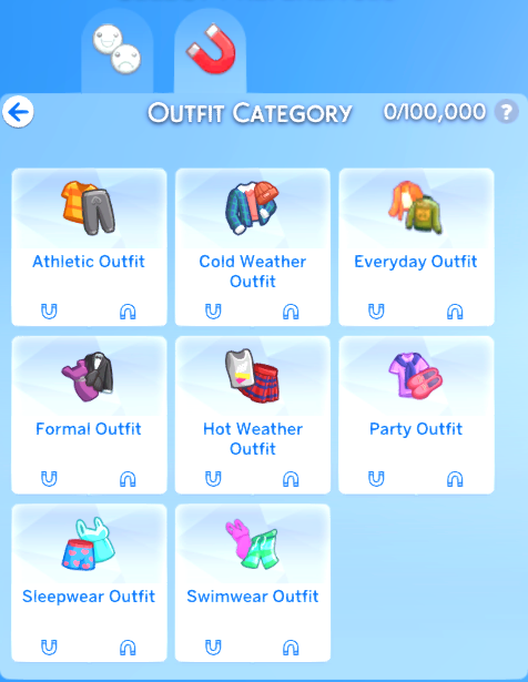 Outfit Category. The options are Athletic Outfit, Cold Weather Outfit, Everyday Outfit, Formal Outfit, Hot Weather Outfit, Party Outfit, Sleepwear Outfit and Swimwear Outfit.